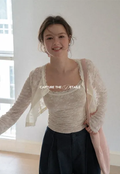 Lace Trim Cropped Long Sleeve Knit Top