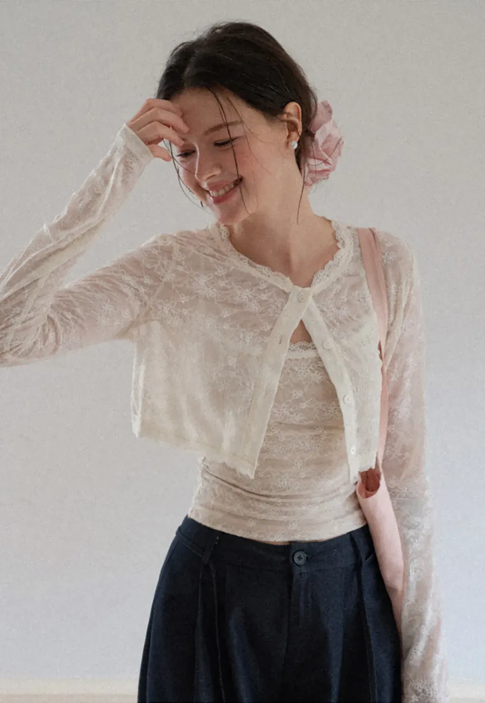 Lace Trim Cropped Long Sleeve Knit Top