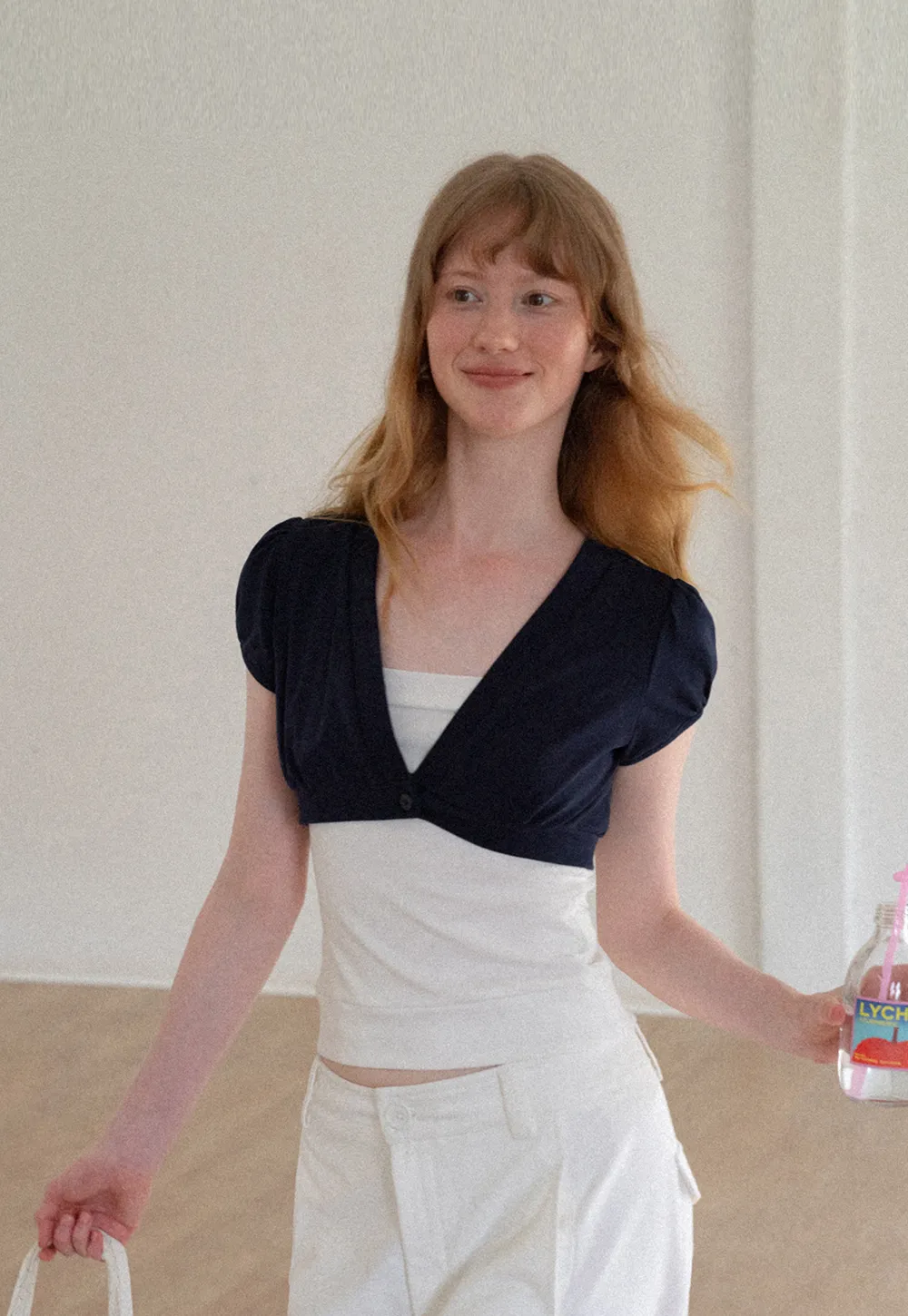 V Neck Cropped Bolero Top with Puffed Sleeves