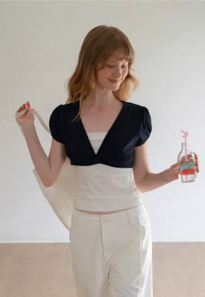 V Neck Cropped Bolero Top with Puffed Sleeves