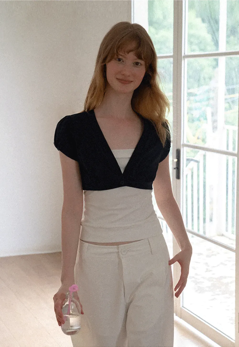 V Neck Cropped Bolero Top with Puffed Sleeves