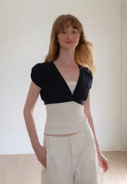 V Neck Cropped Bolero Top with Puffed Sleeves