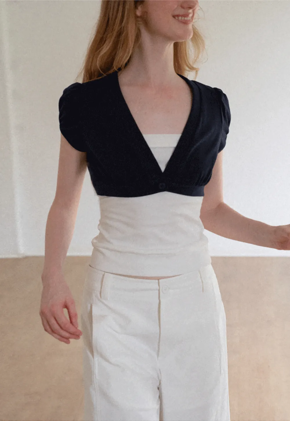 V Neck Cropped Bolero Top with Puffed Sleeves