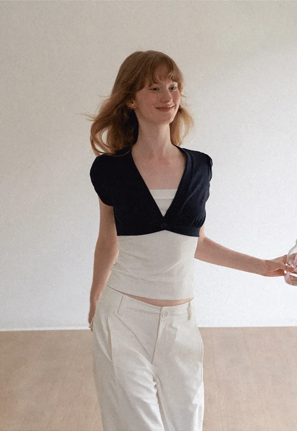 V Neck Cropped Bolero Top with Puffed Sleeves