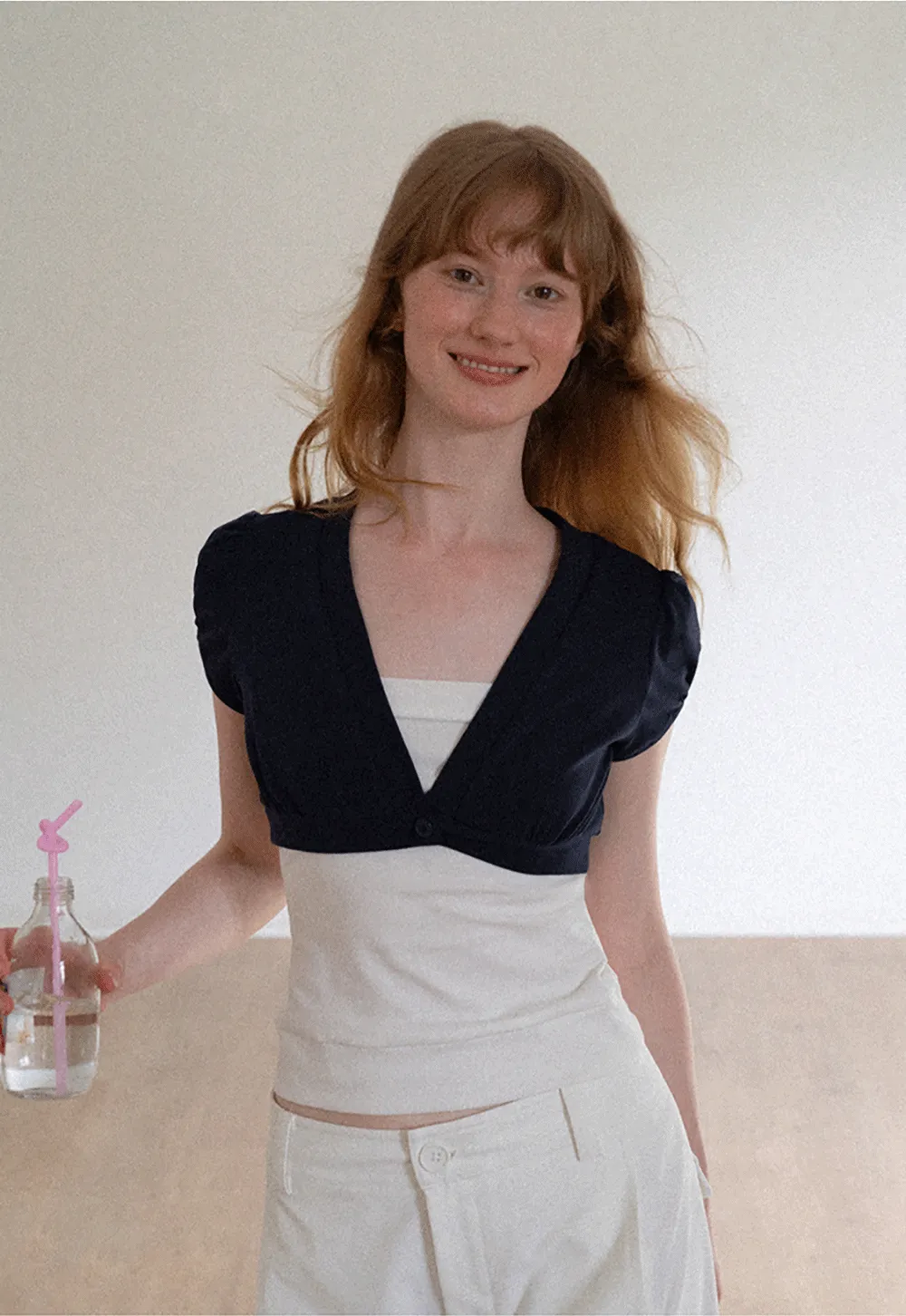 V Neck Cropped Bolero Top with Puffed Sleeves