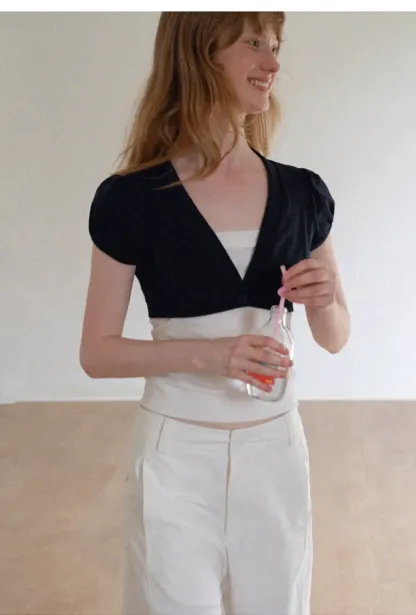 V Neck Cropped Bolero Top with Puffed Sleeves