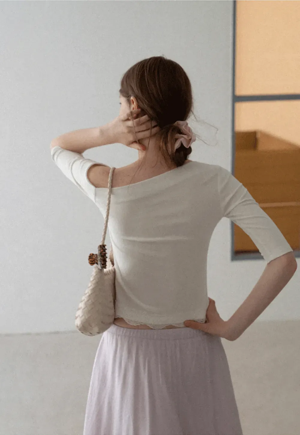 Asymmetrical Neckline Lace Trim Cropped T Shirt
