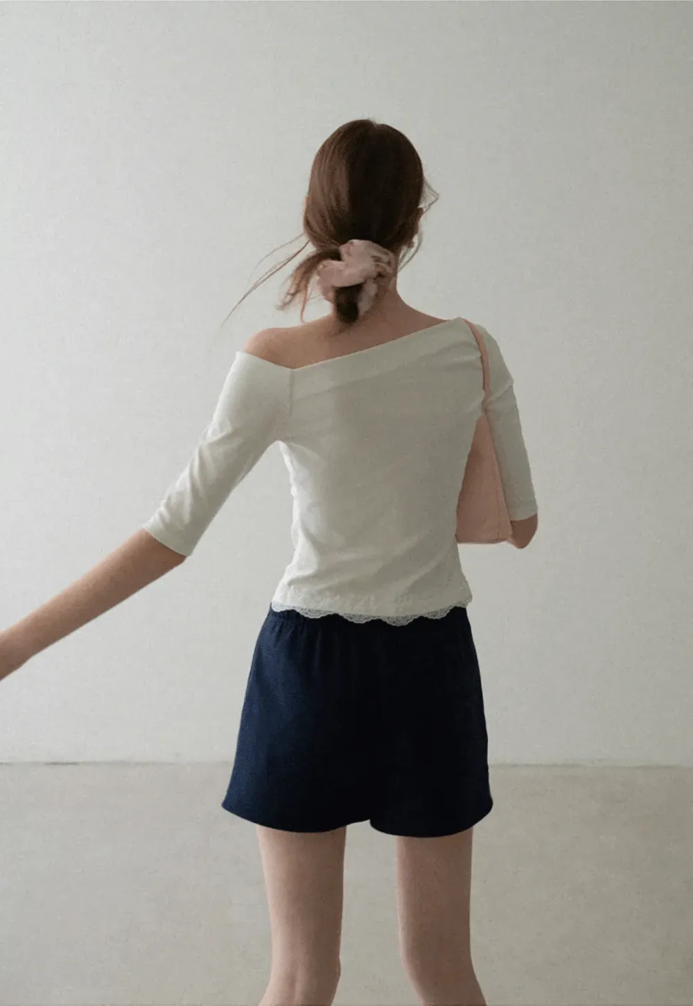 Asymmetrical Neckline Lace Trim Cropped T Shirt