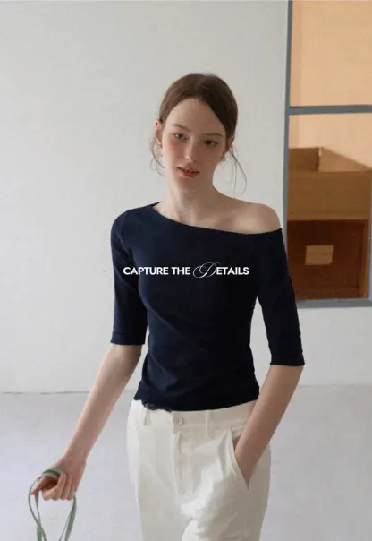 Asymmetrical Neckline Lace Trim Cropped T Shirt