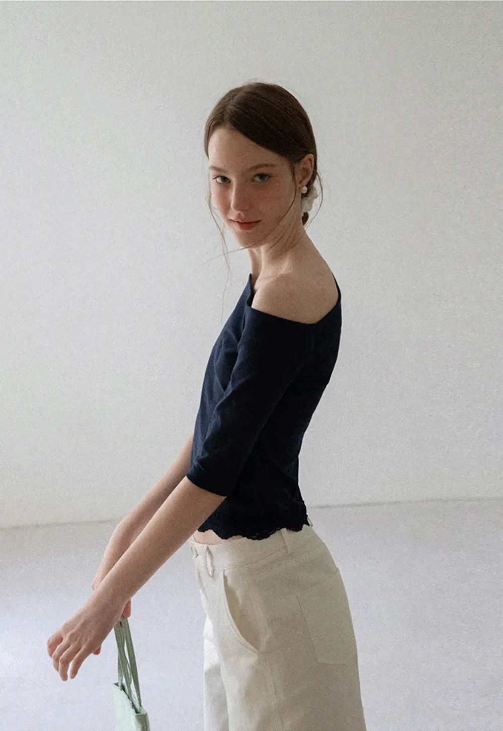 Asymmetrical Neckline Lace Trim Cropped T Shirt
