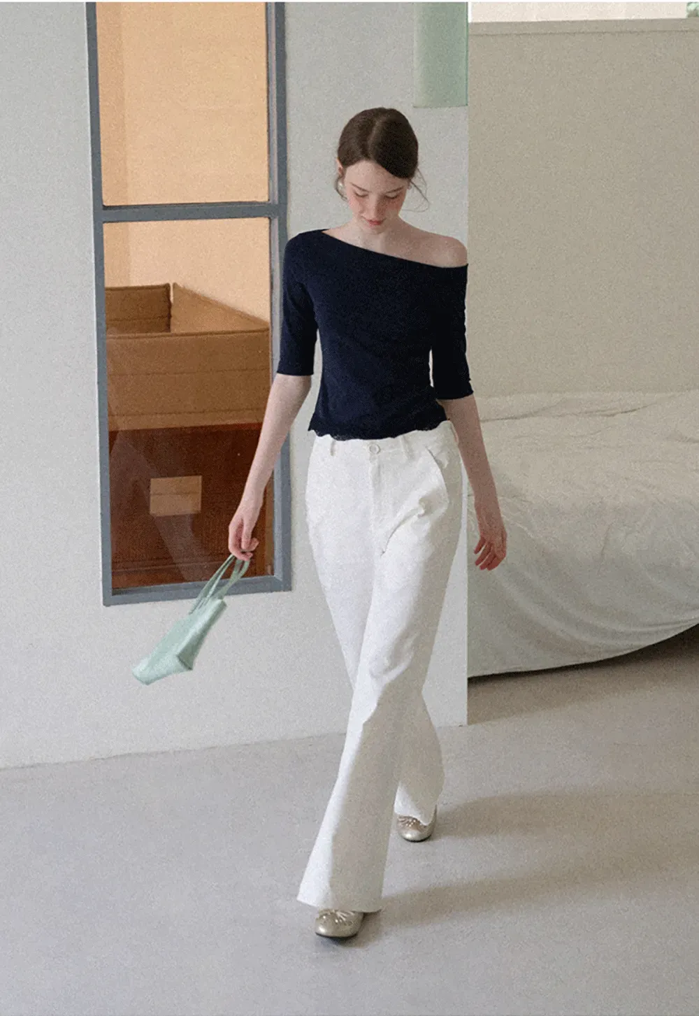Asymmetrical Neckline Lace Trim Cropped T Shirt