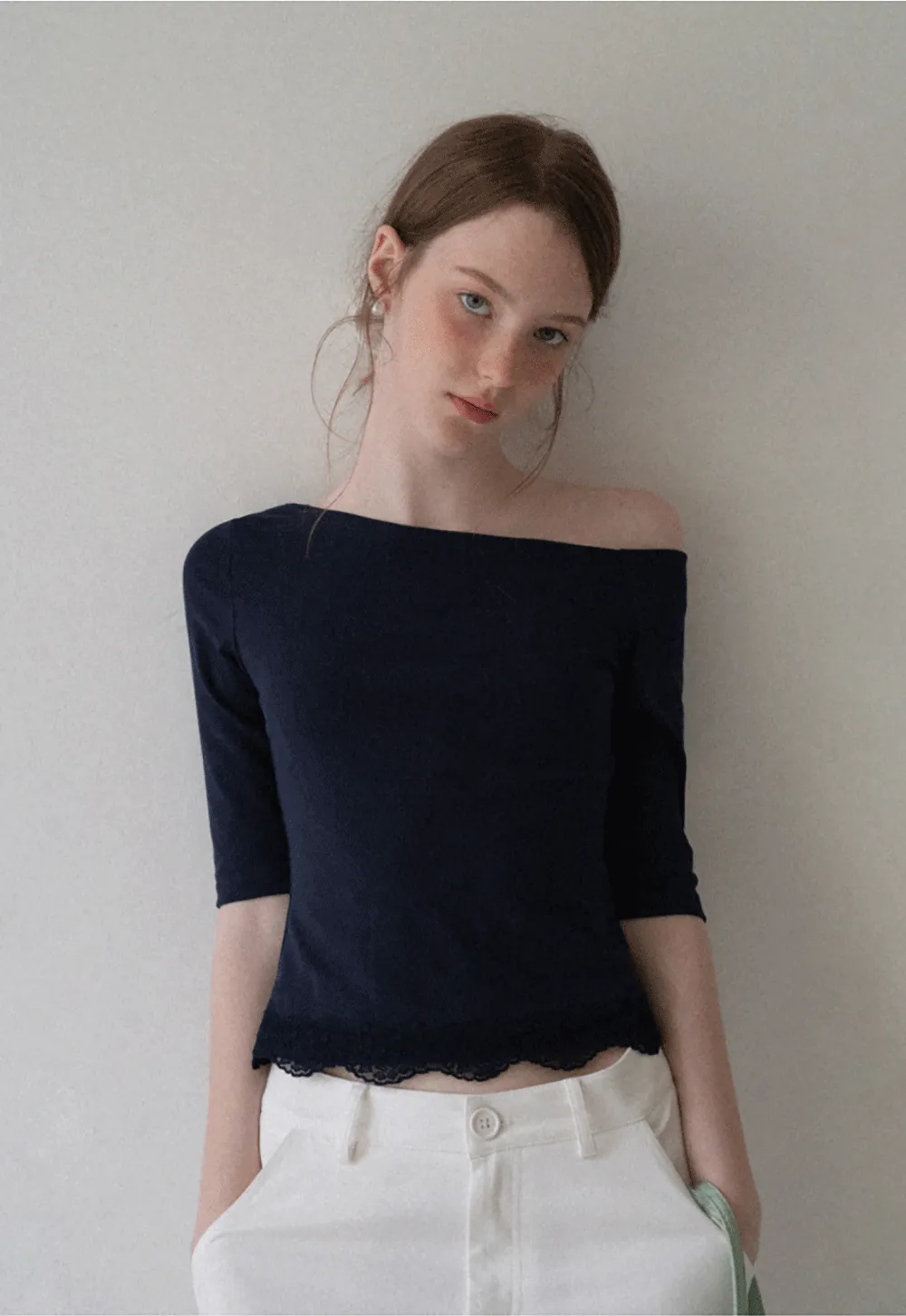 Asymmetrical Neckline Lace Trim Cropped T Shirt