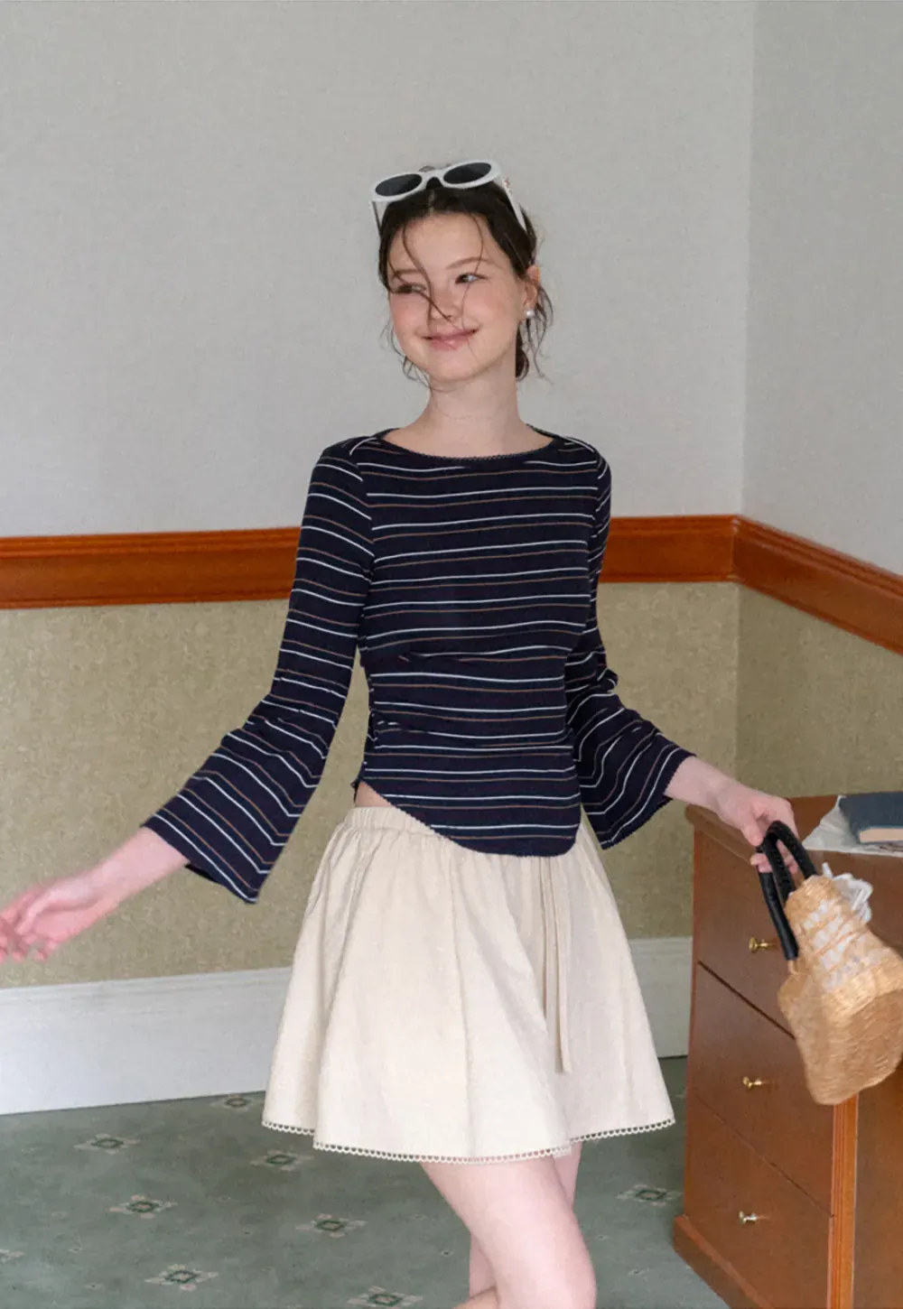 Striped Long Sleeve Top with Lace Trim neckline