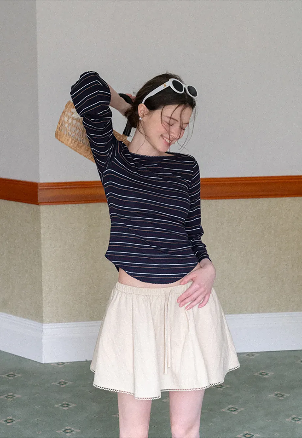 Striped Long Sleeve Top with Lace Trim neckline