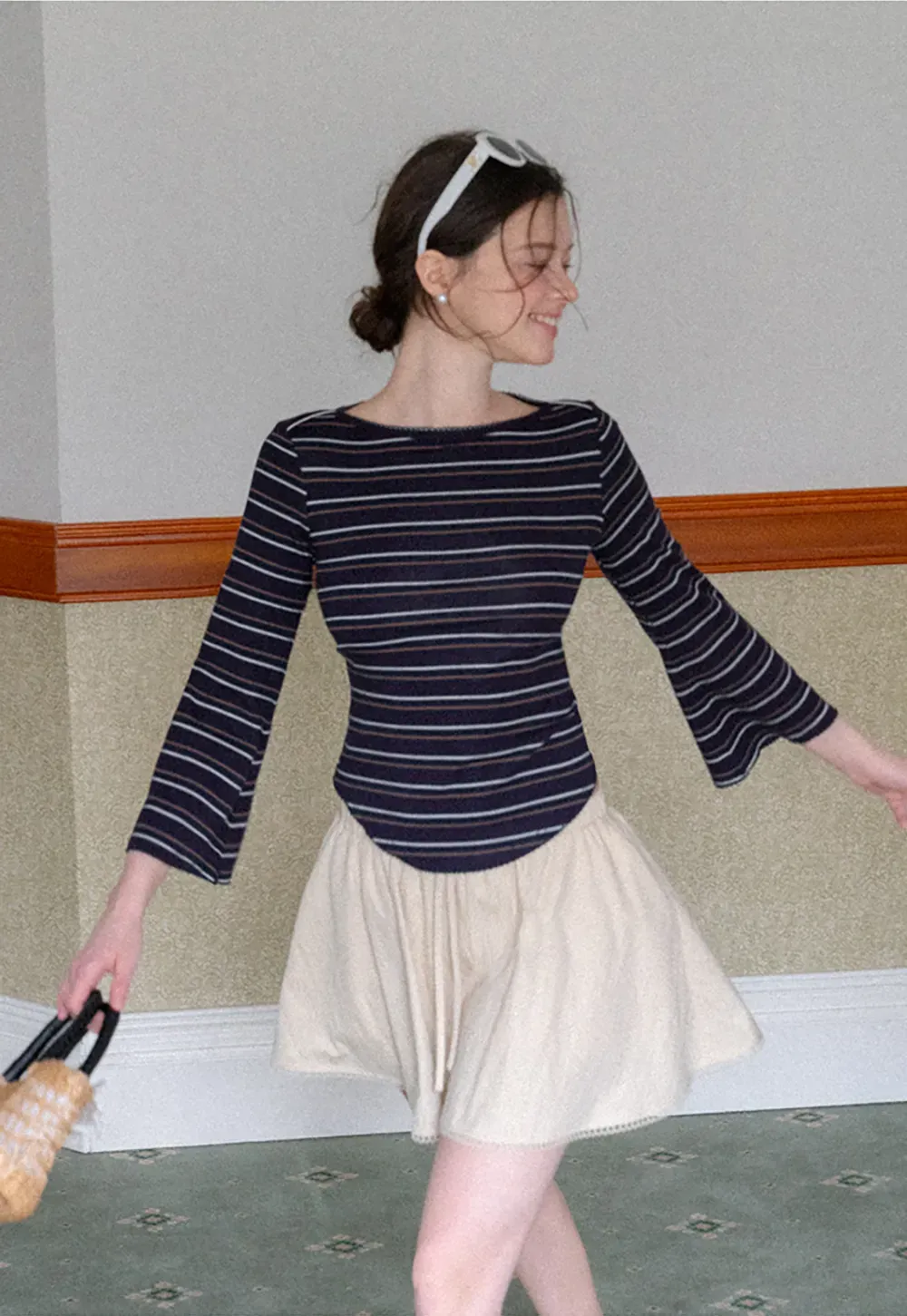 Striped Long Sleeve Top with Lace Trim neckline