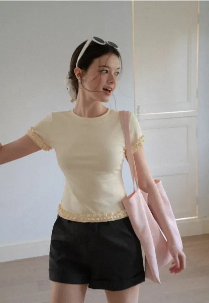Ruffled Hem and Sleeve Trim T Shirt