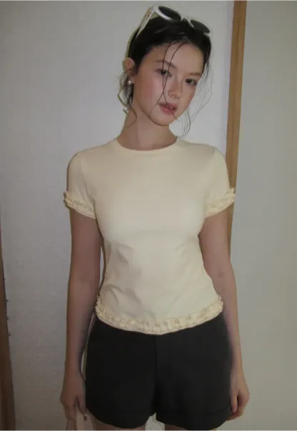 Ruffled Hem and Sleeve Trim T Shirt