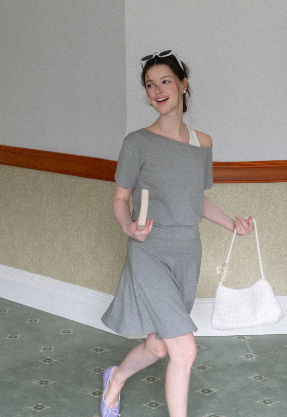 Asymmetrical Neck Short Sleeve Top and A Line Skirt