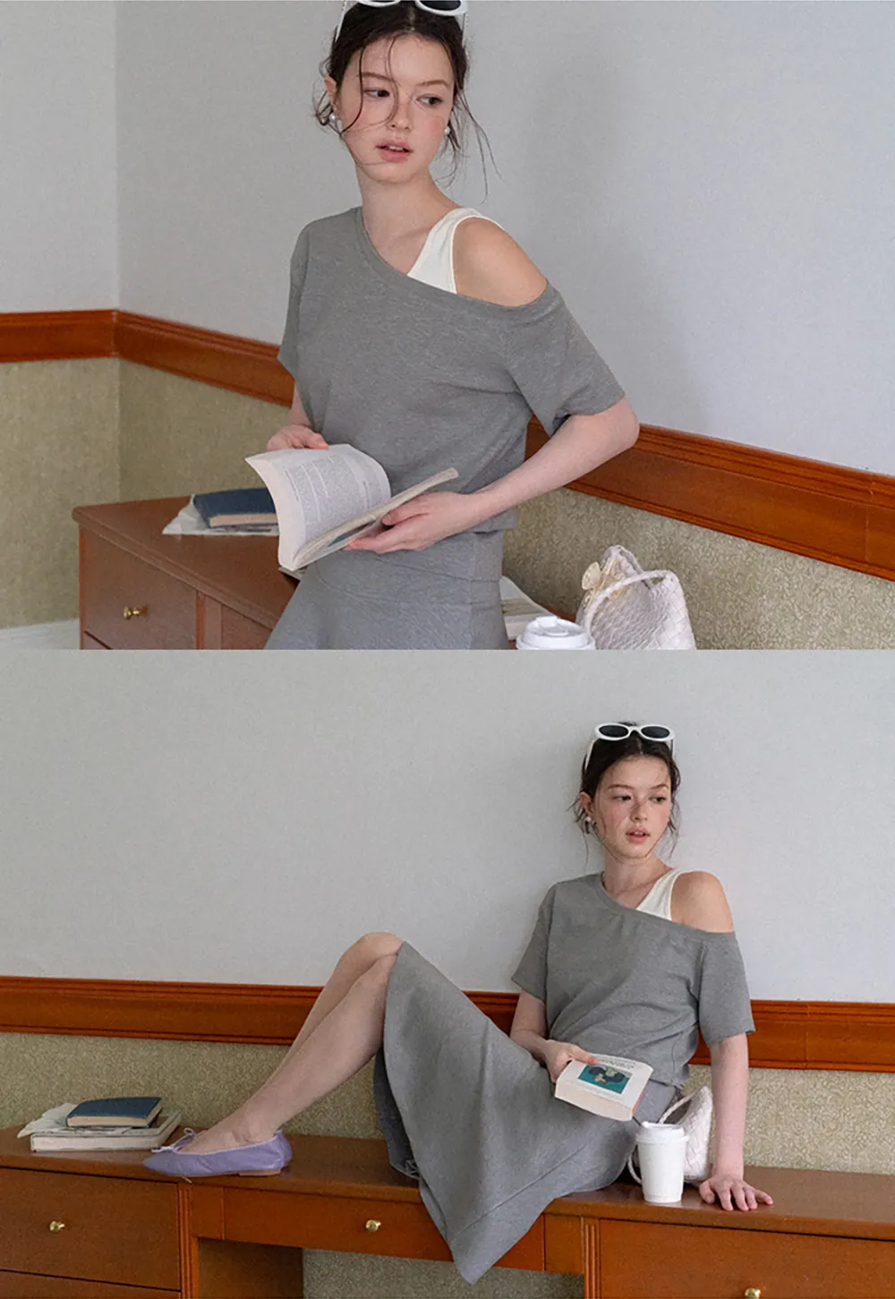 Asymmetrical Neck Short Sleeve Top and A Line Skirt
