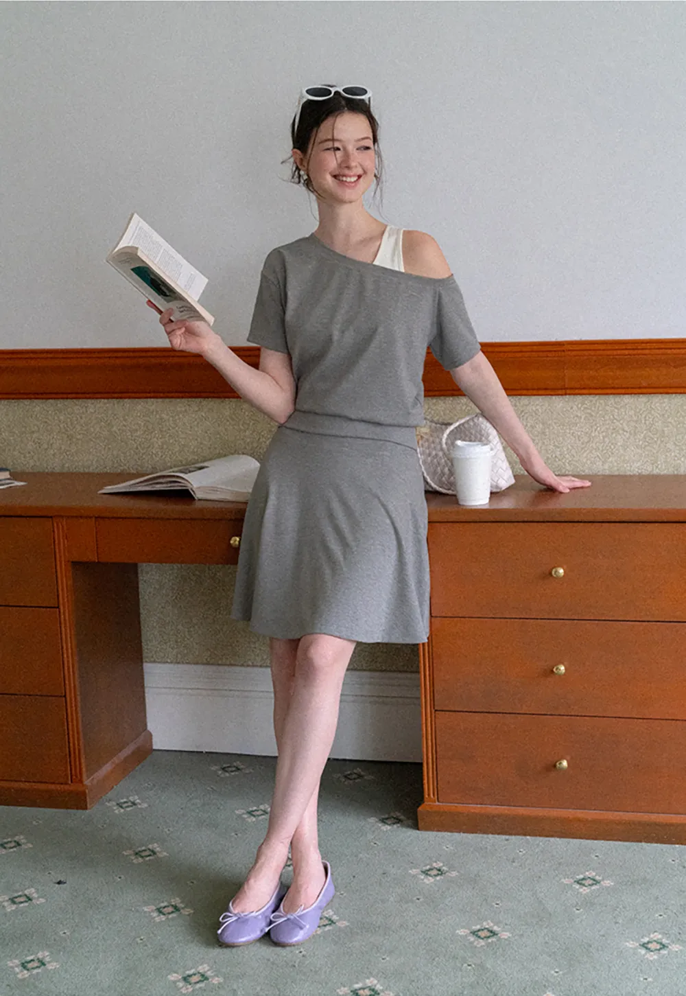 Asymmetrical Neck Short Sleeve Top and A Line Skirt