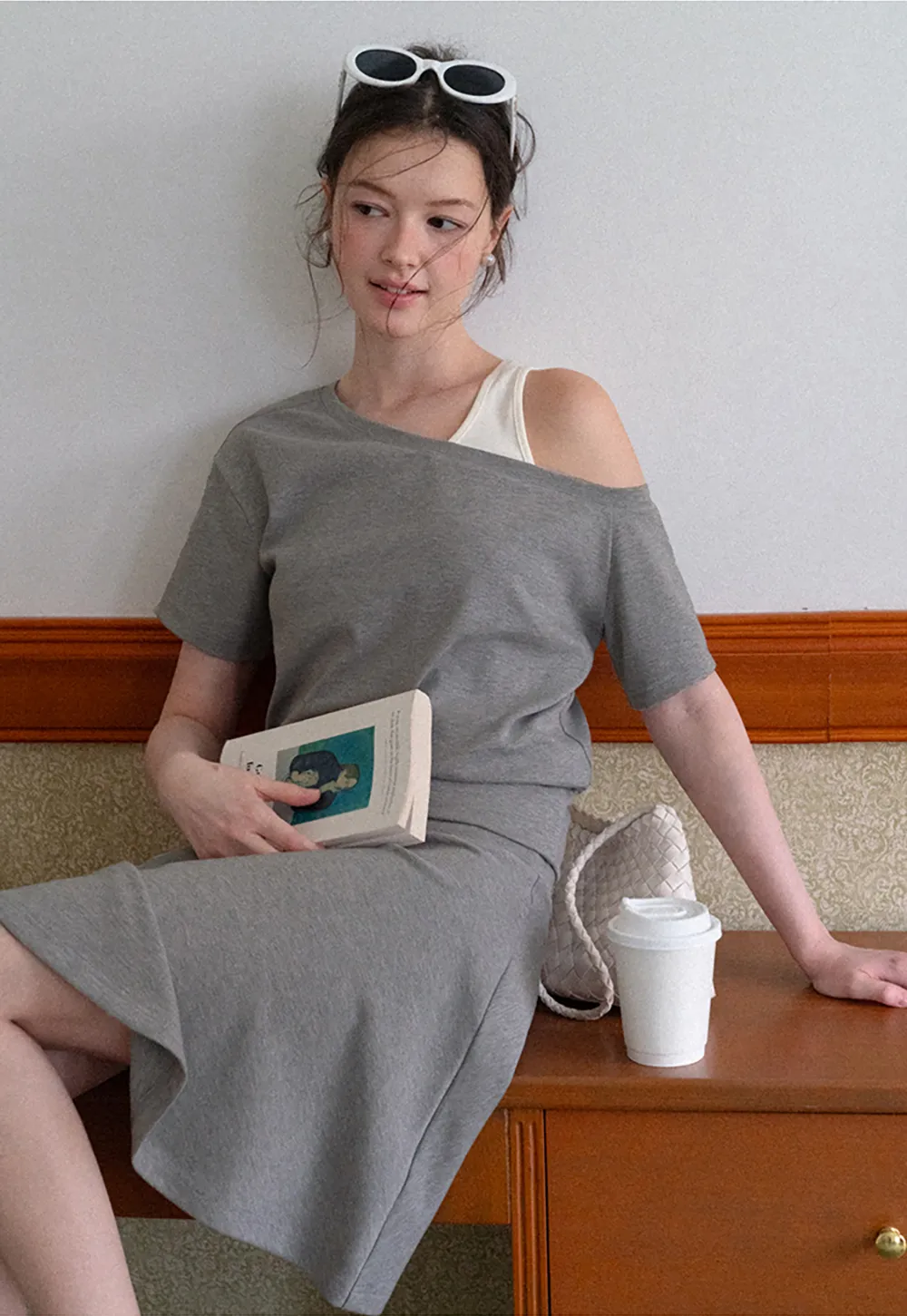Asymmetrical Neck Short Sleeve Top and A Line Skirt