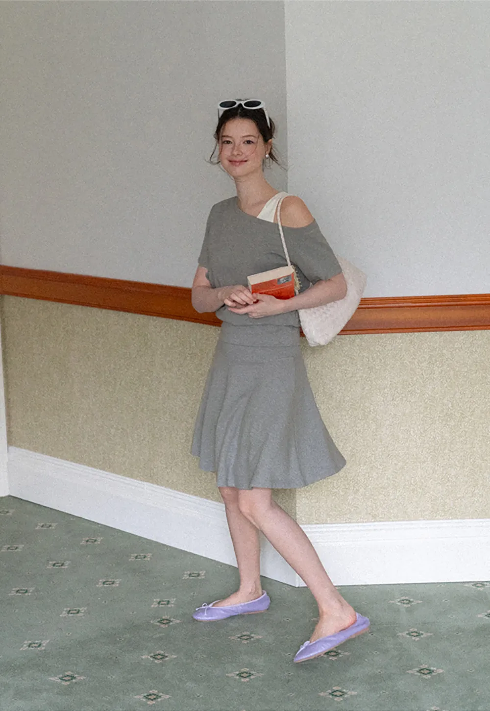 Asymmetrical Neck Short Sleeve Top and A Line Skirt
