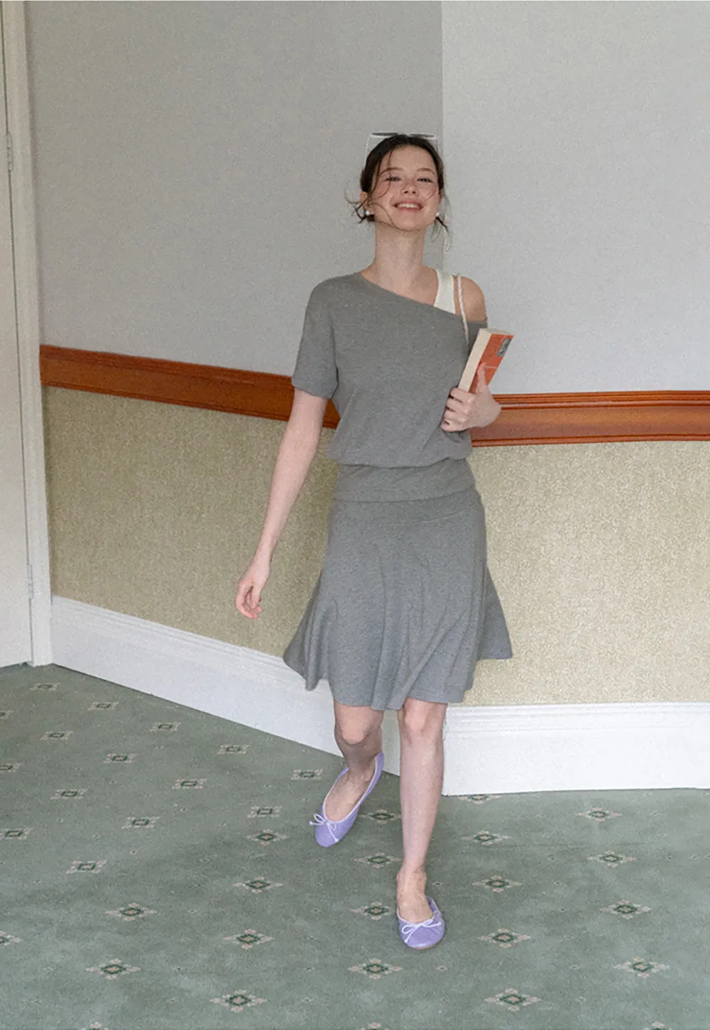 Asymmetrical Neck Short Sleeve Top and A Line Skirt