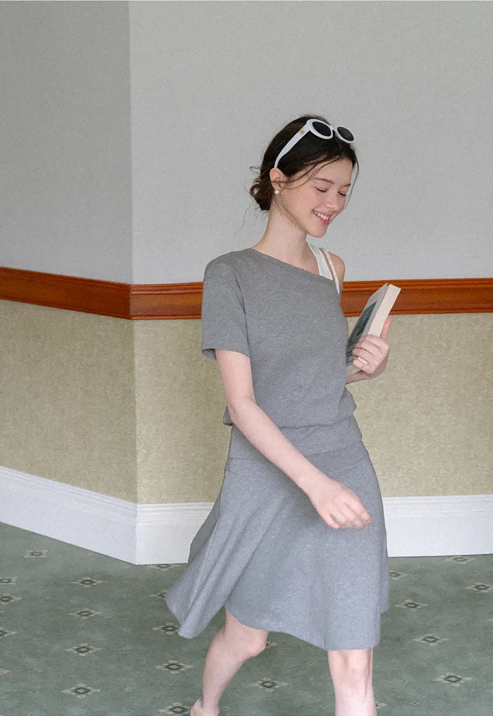 Asymmetrical Neck Short Sleeve Top and A Line Skirt