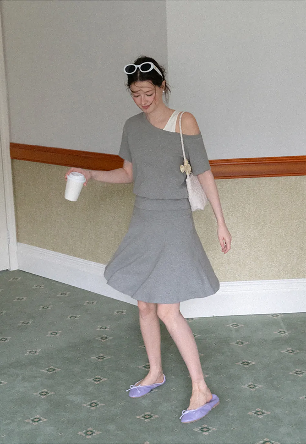 Asymmetrical Neck Short Sleeve Top and A Line Skirt