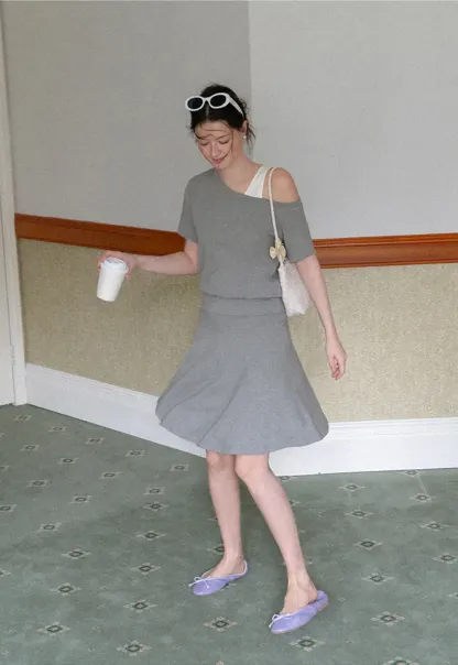 Asymmetrical Neck Short Sleeve Top and A Line Skirt