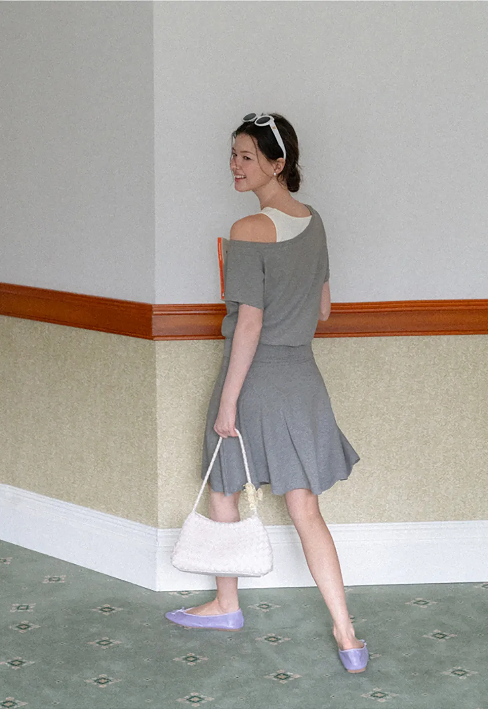Asymmetrical Neck Short Sleeve Top and A Line Skirt