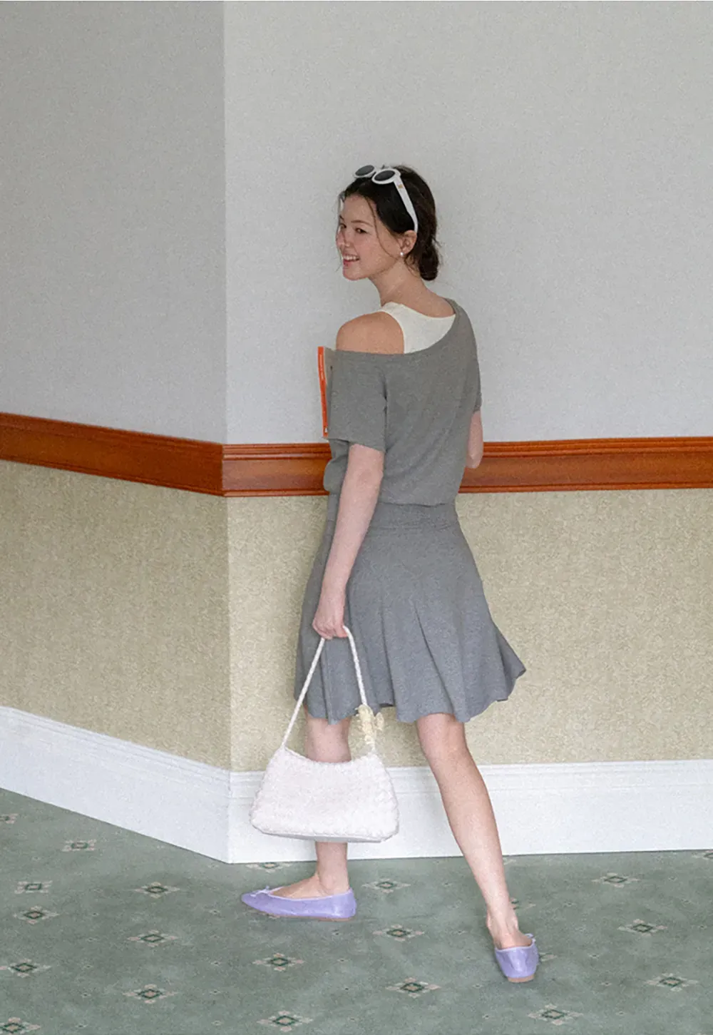 Asymmetrical Neck Short Sleeve Top and A Line Skirt