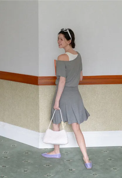 Asymmetrical Neck Short Sleeve Top and A Line Skirt