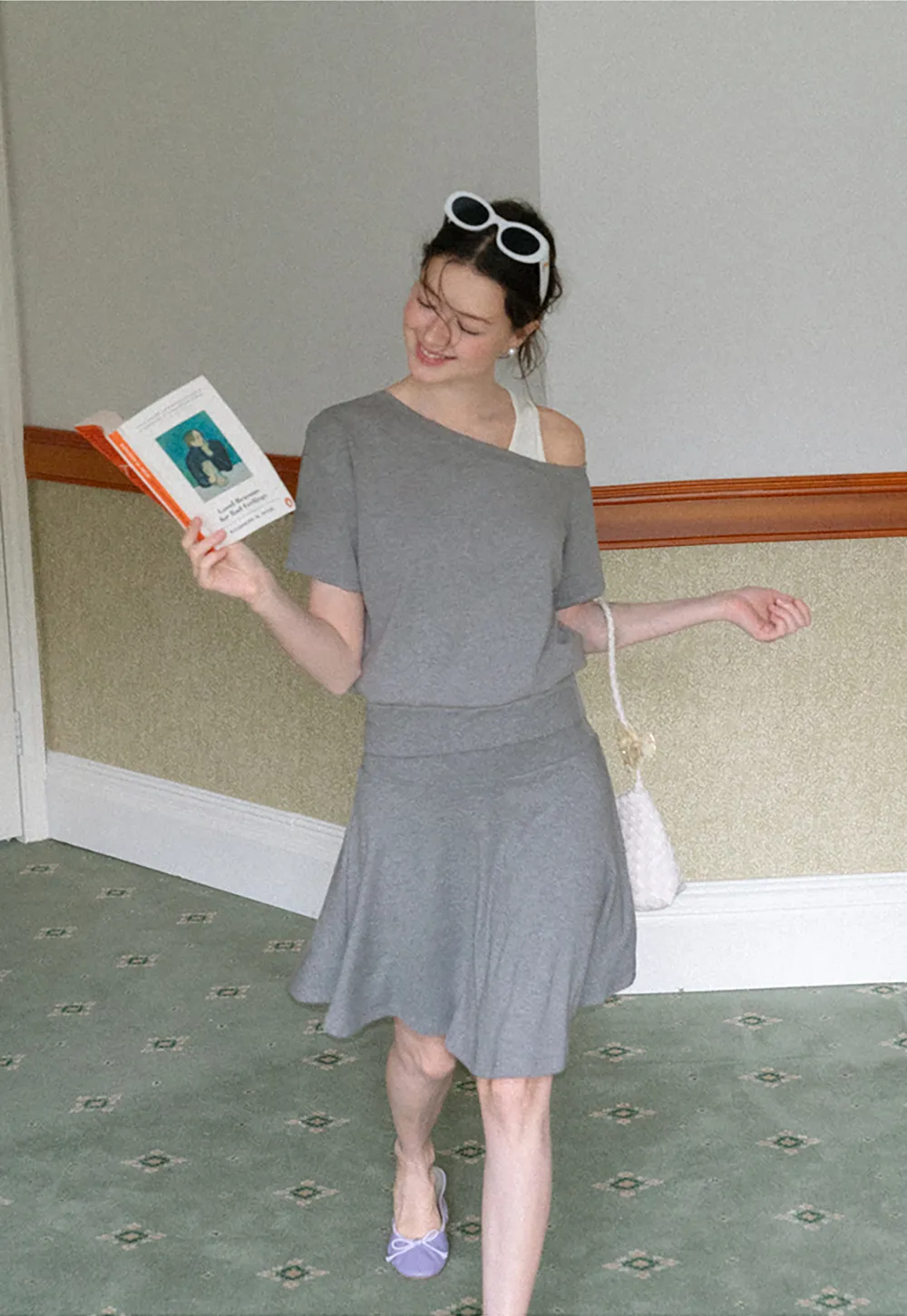 Asymmetrical Neck Short Sleeve Top and A Line Skirt