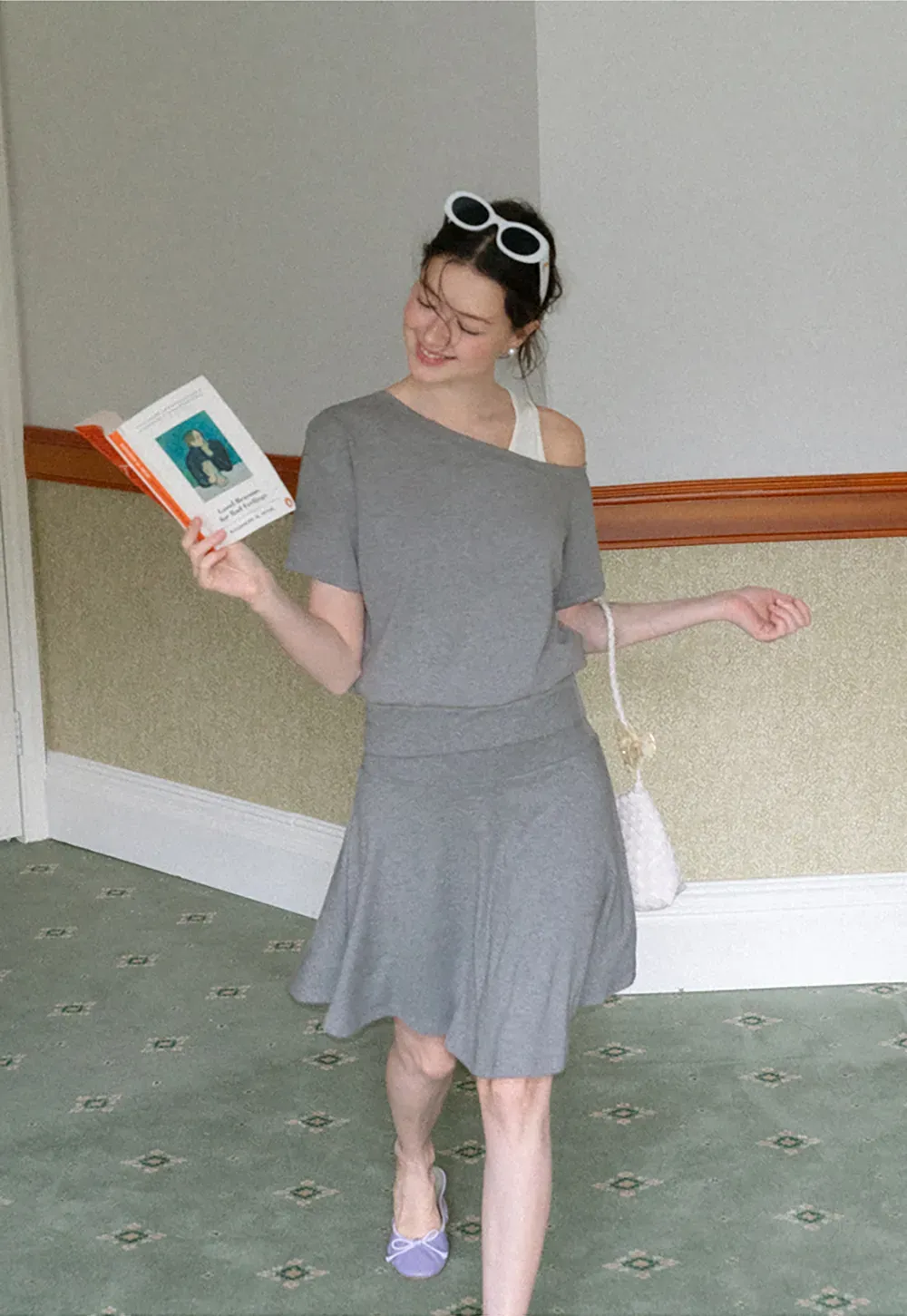 Asymmetrical Neck Short Sleeve Top and A Line Skirt