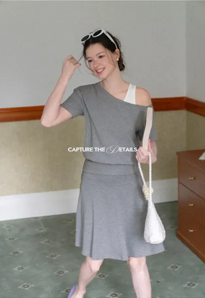 Asymmetrical Neck Short Sleeve Top and A Line Skirt