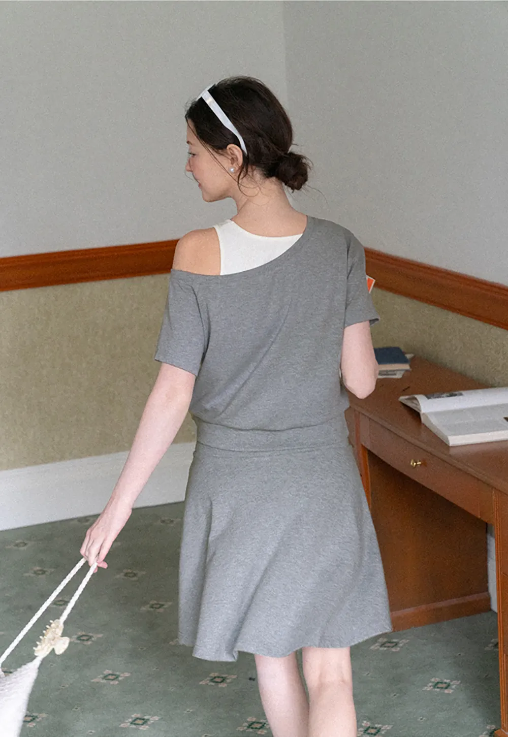 Asymmetrical Neck Short Sleeve Top and A Line Skirt
