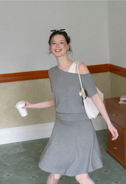 Asymmetrical Neck Short Sleeve Top and A Line Skirt