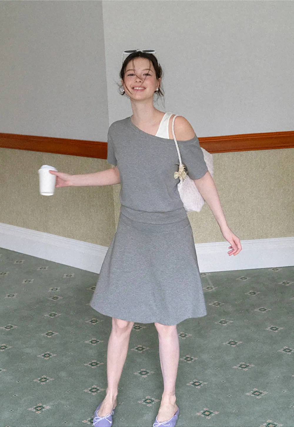 Asymmetrical Neck Short Sleeve Top and A Line Skirt