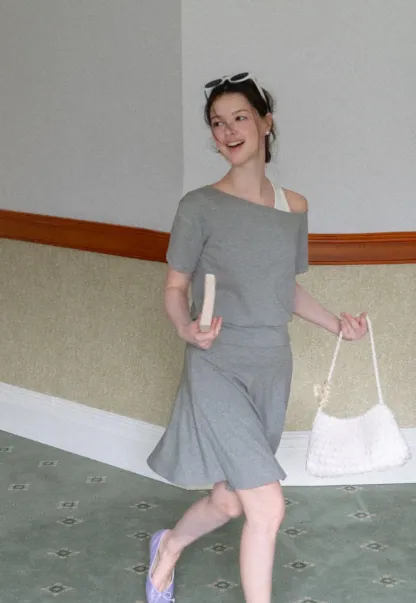 Asymmetrical Neck Short Sleeve Top and A Line Skirt