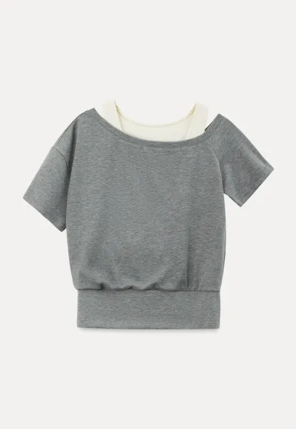 Asymmetrical Neck Short Sleeve Top and A Line Skirt