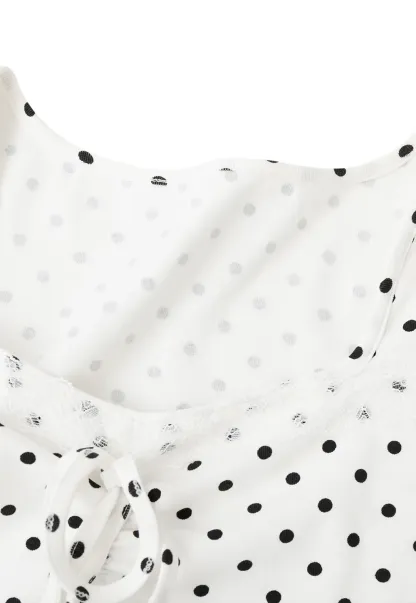 Polka Dot Square Neck Drawstring Cropped T Shirt