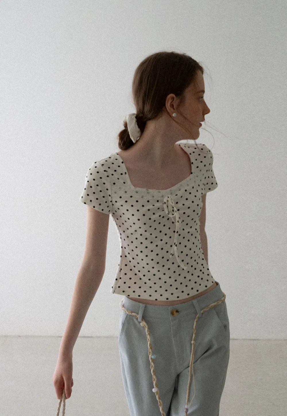 Polka Dot Square Neck Drawstring Cropped T Shirt