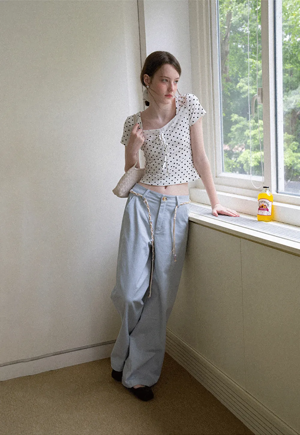 Polka Dot Square Neck Drawstring Cropped T Shirt