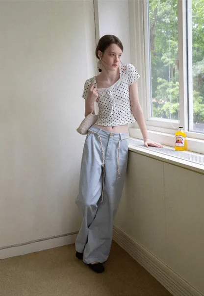Polka Dot Square Neck Drawstring Cropped T Shirt