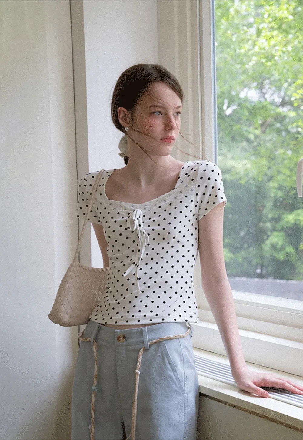 Polka Dot Square Neck Drawstring Cropped T Shirt
