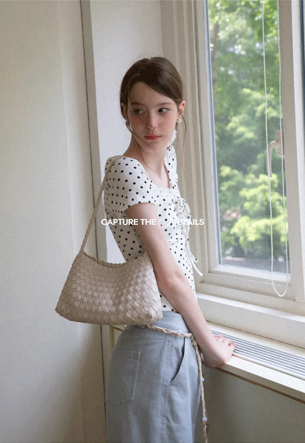 Polka Dot Square Neck Drawstring Cropped T Shirt