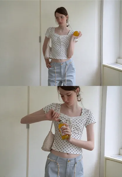 Polka Dot Square Neck Drawstring Cropped T Shirt