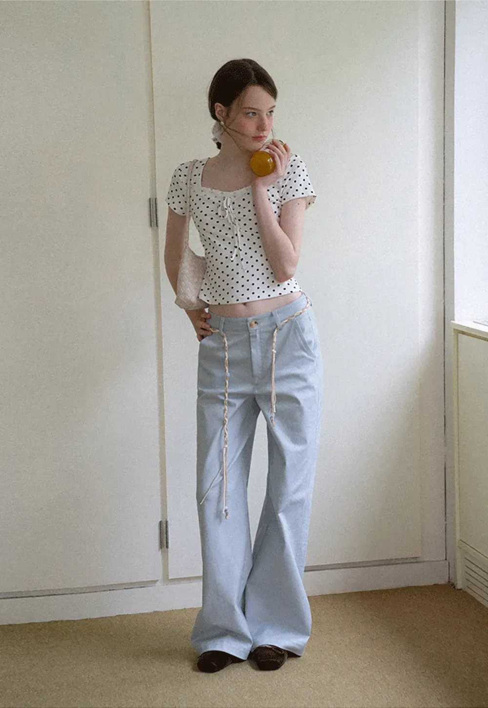 Polka Dot Square Neck Drawstring Cropped T Shirt