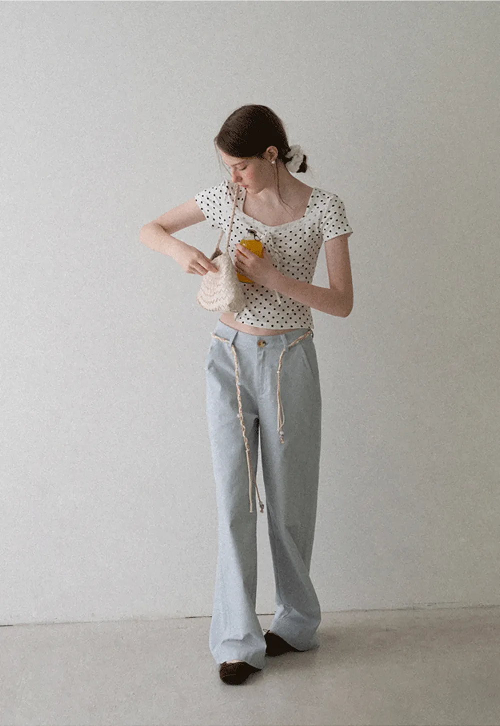 Polka Dot Square Neck Drawstring Cropped T Shirt